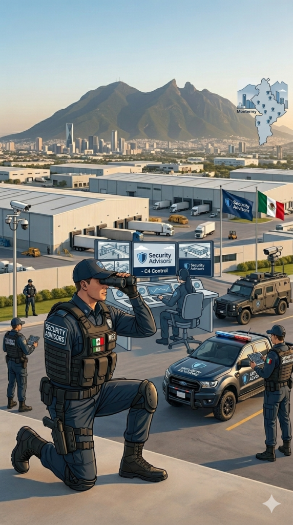 Infografía corporativa de Security Advisors en Nuevo León que muestra a oficiales de seguridad privada mexicanos con uniforme táctico supervisando un centro logístico y parque industrial en Monterrey. Al fondo se aprecia el Cerro de la Silla y el horizonte urbano. Incluye elementos gráficos como patrullas, pantallas de control C4 y un mapa del estado de Nuevo León, resaltando la excelencia operativa y la seguridad intramuros en la región.