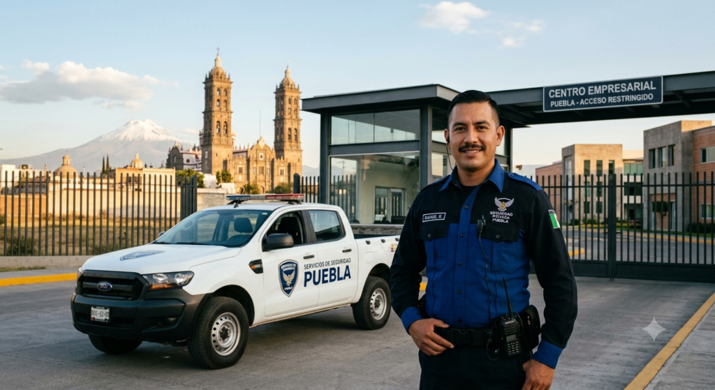 Oficial de seguridad privada uniformado frente a un centro empresarial en Puebla, junto a una patrulla de vigilancia corporativa con la Catedral y el volcán Popocatépetl de fondo.