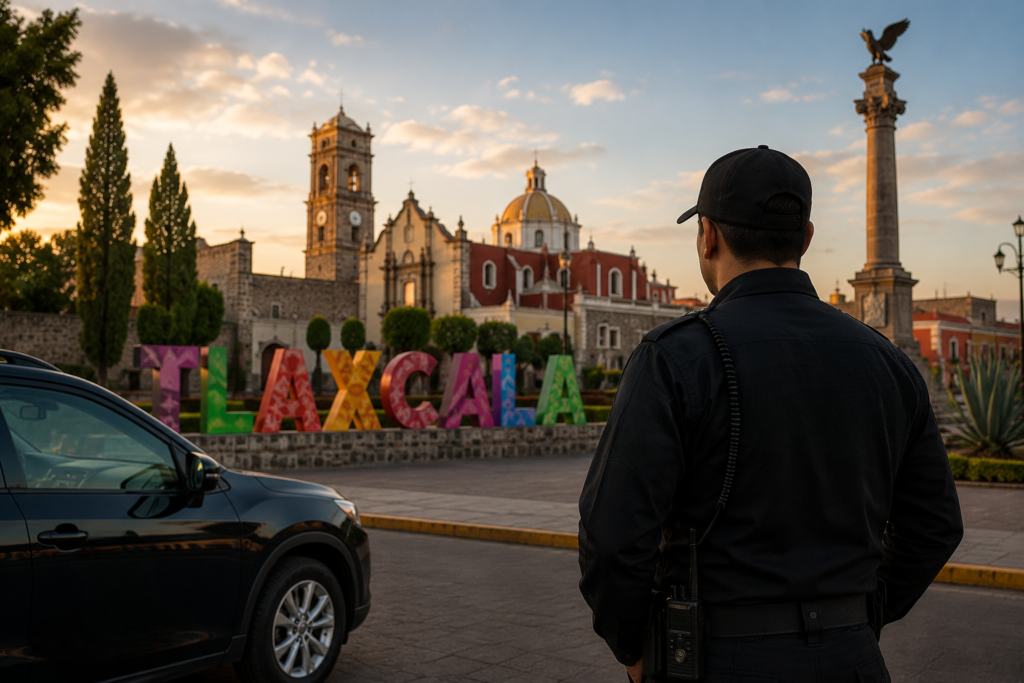 Profesional de seguridad supervisando una zona empresarial en Tlaxcala, reflejando la importancia de la seguridad privada para proteger empresas, instalaciones y operaciones industriales.